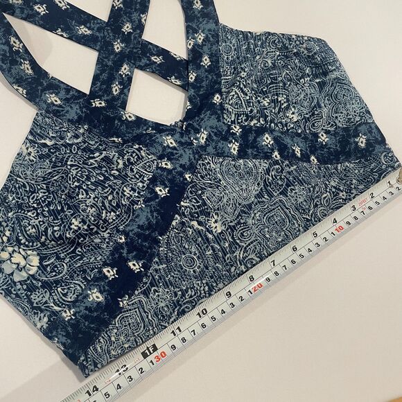 ~ Ecote Lg Boho Crop Top Blue Paisley Pattern Navy Adjustable Convertible Beachy - Picture 6 of 16